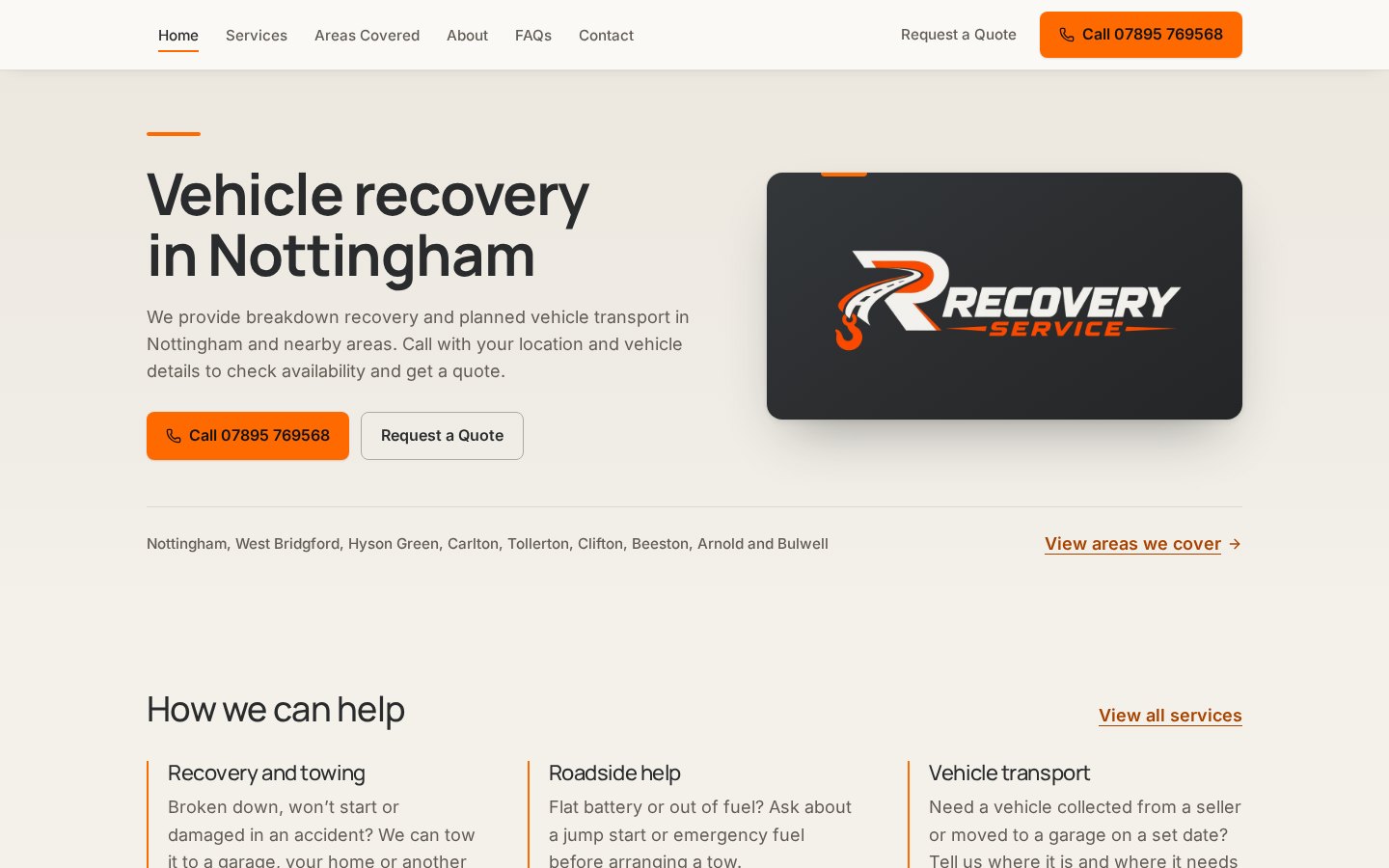 R Recovery Service vehicle recovery website homepage