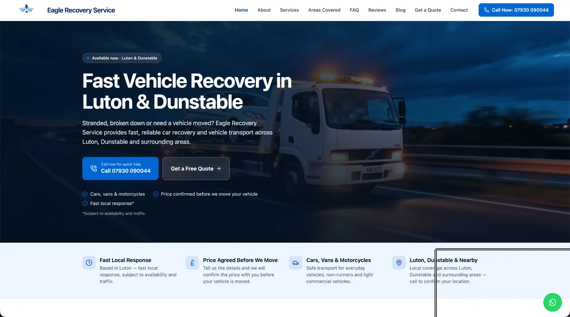 Eagle Recovery vehicle recovery website homepage